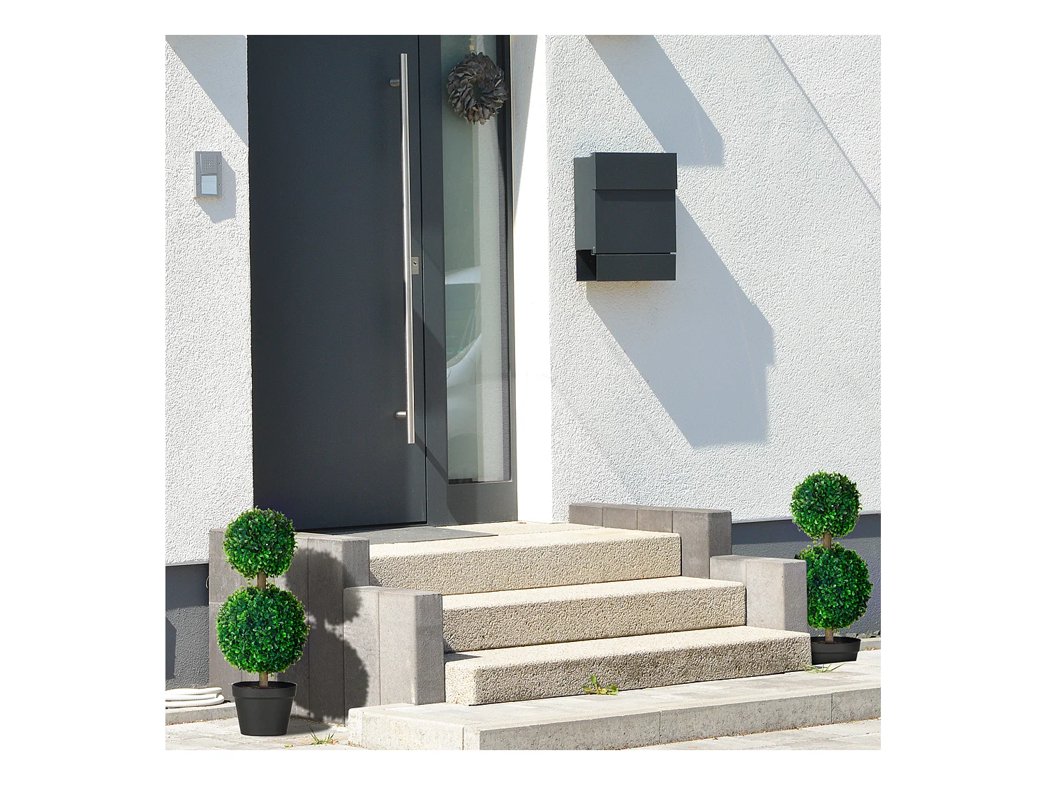 Lot de 2 buis artificiels, résistants aux UV, avec double boule, pour l'intérieur et le jardin, en plastique, vert (17 x 17 x 60 cm)