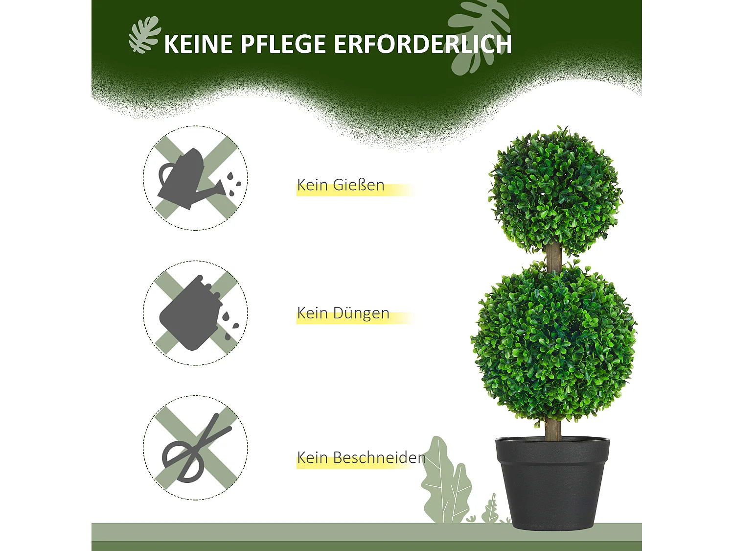 Lot de 2 buis artificiels, résistants aux UV, avec double boule, pour l'intérieur et le jardin, en plastique, vert (17 x 17 x 60 cm)