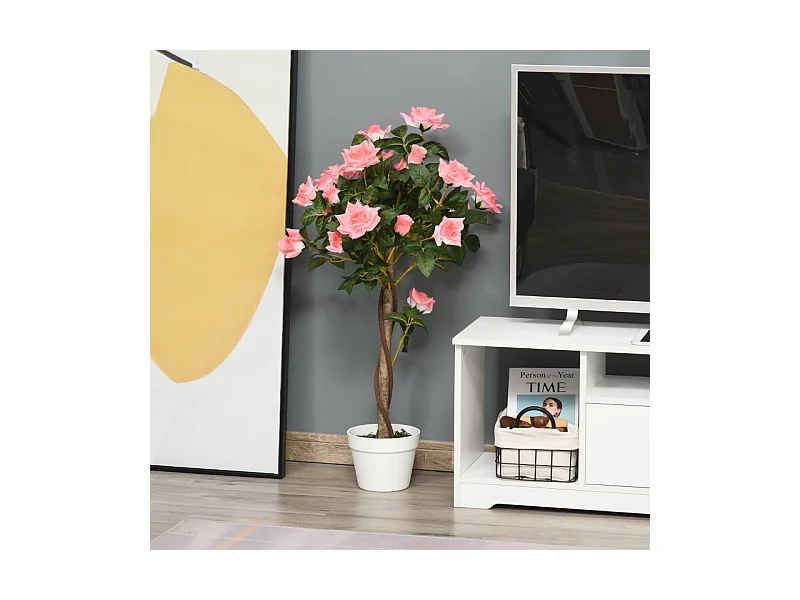 Plante artificielle Rose 90 cm, Décorative en pot, plastique, blanc (18x18x90 cm)