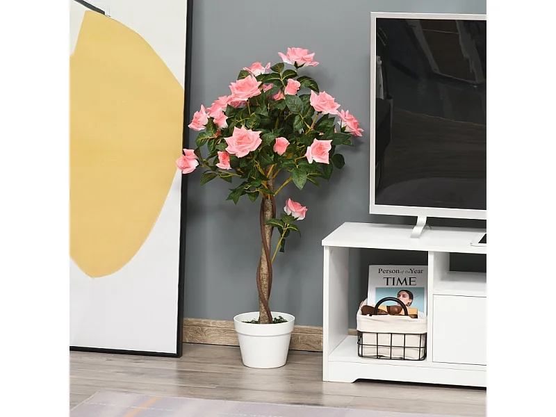 Plante artificielle Rose 90 cm, Décorative en pot, plastique, blanc (18x18x90 cm)