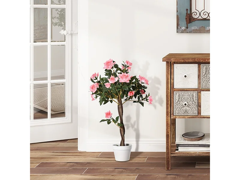 Plante artificielle Rose 90 cm, Décorative en pot, plastique, blanc (18x18x90 cm)