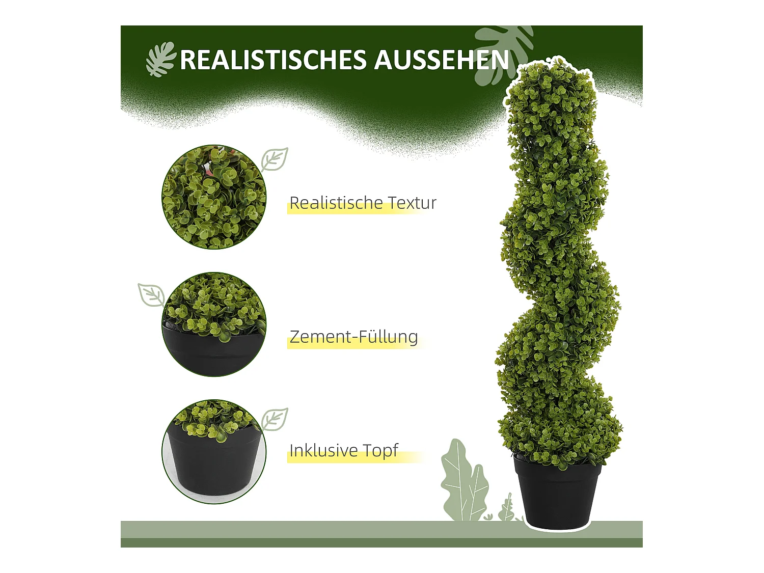 Set de 2 eucalyptus spirale artificiels, plastique durable, vert (17.5x17.5x90cm)