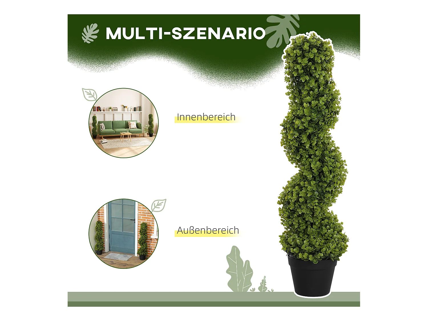 Set de 2 eucalyptus spirale artificiels, plastique durable, vert (17.5x17.5x90cm)