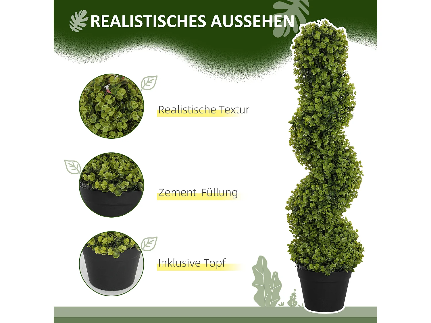 Set de 2 eucalyptus spirale artificiels, plastique durable, vert (17.5x17.5x90cm)