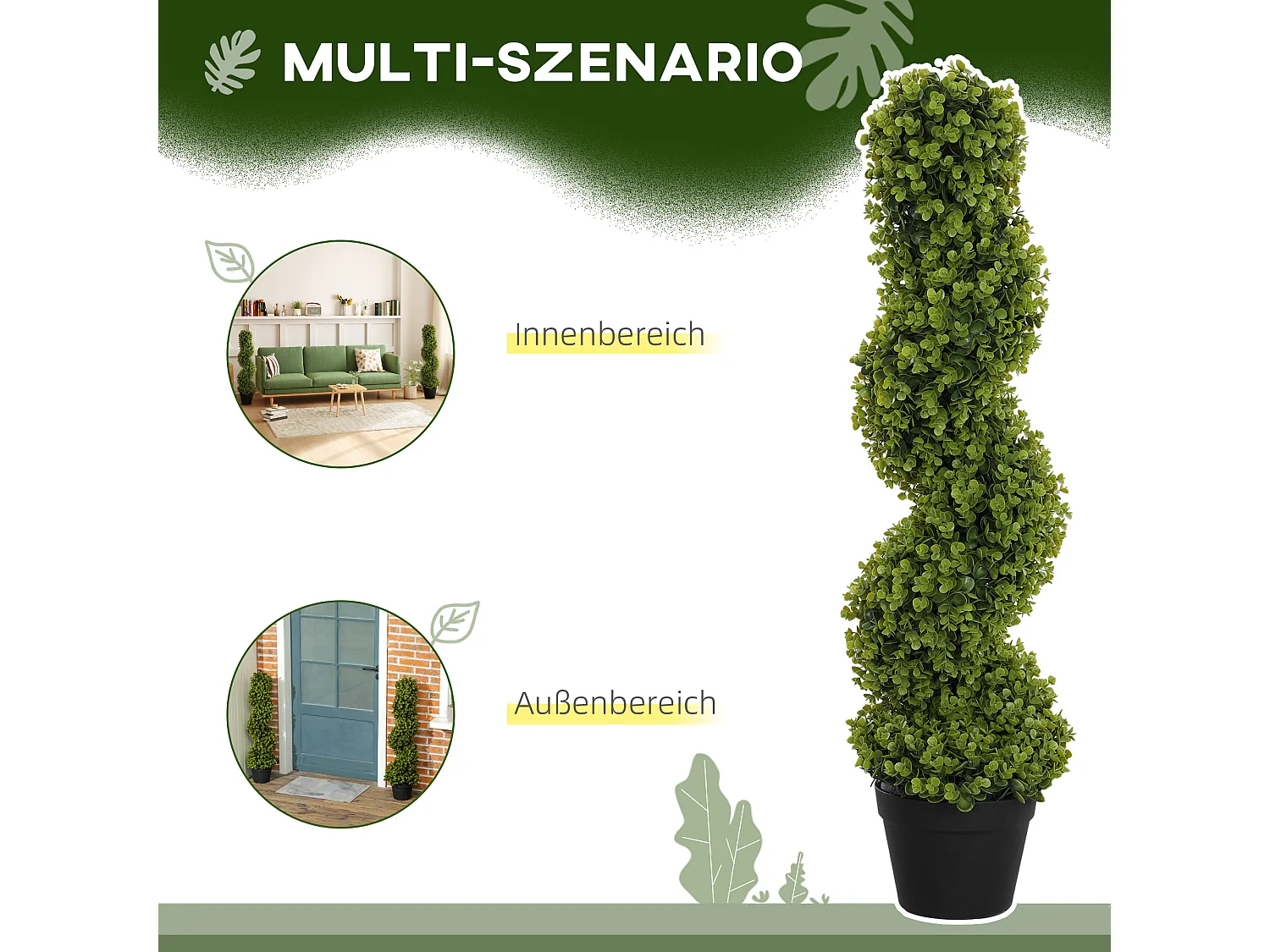 Set de 2 eucalyptus spirale artificiels, plastique durable, vert (17.5x17.5x90cm)