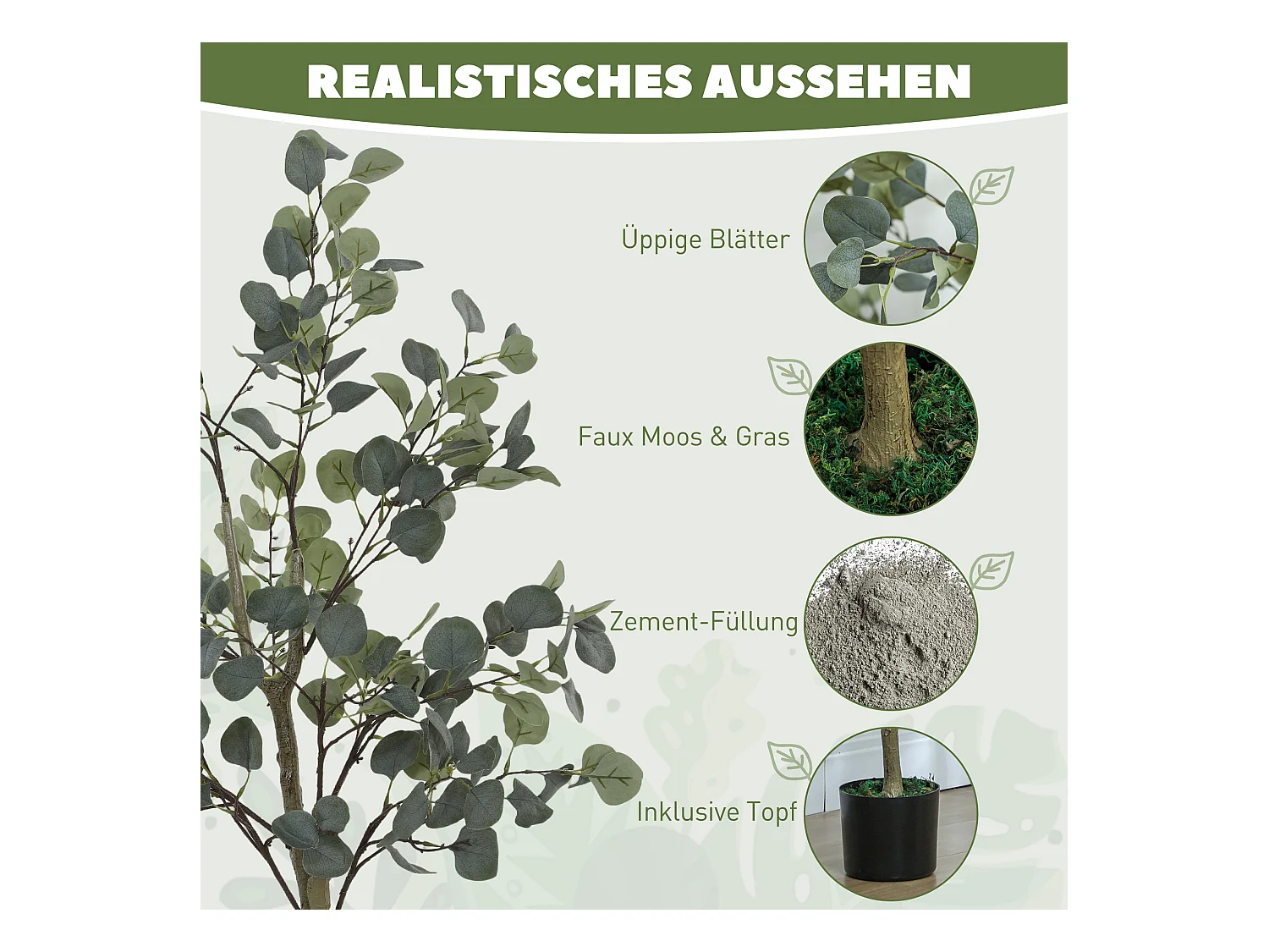 Arbre artificiel Eucalyptus, réaliste, en pot, plastique, vert (15x15x150 cm)