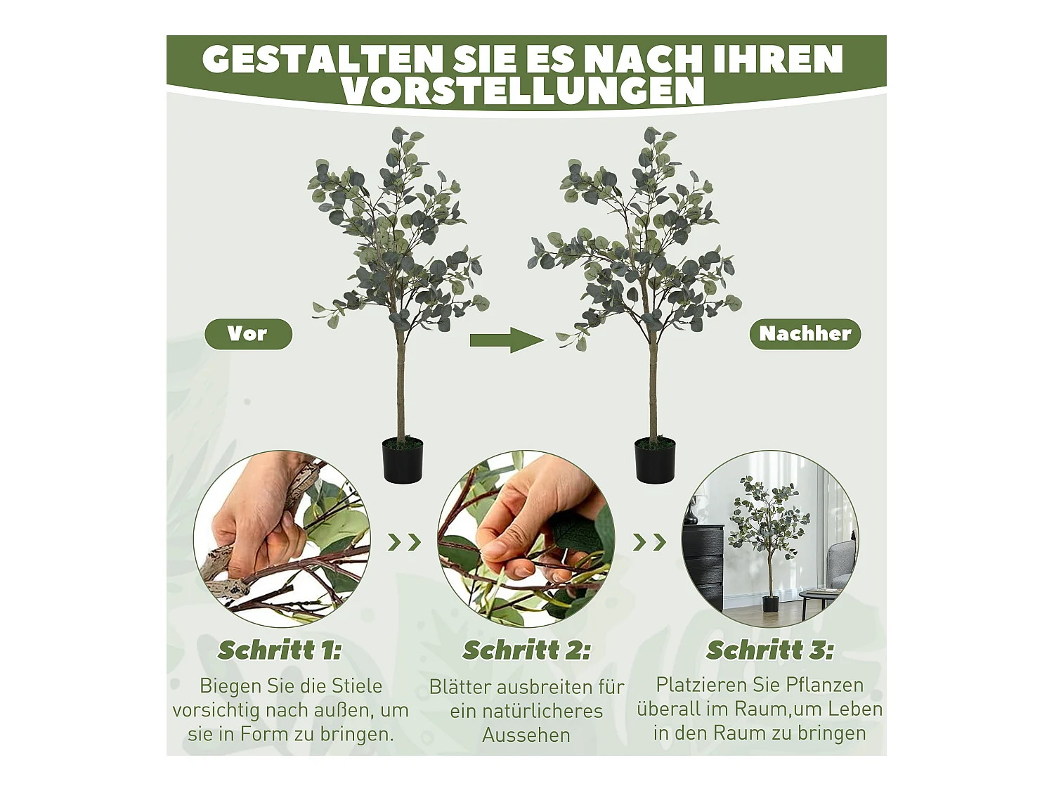 Arbre artificiel Eucalyptus, réaliste, en pot, plastique, vert (15x15x150 cm)