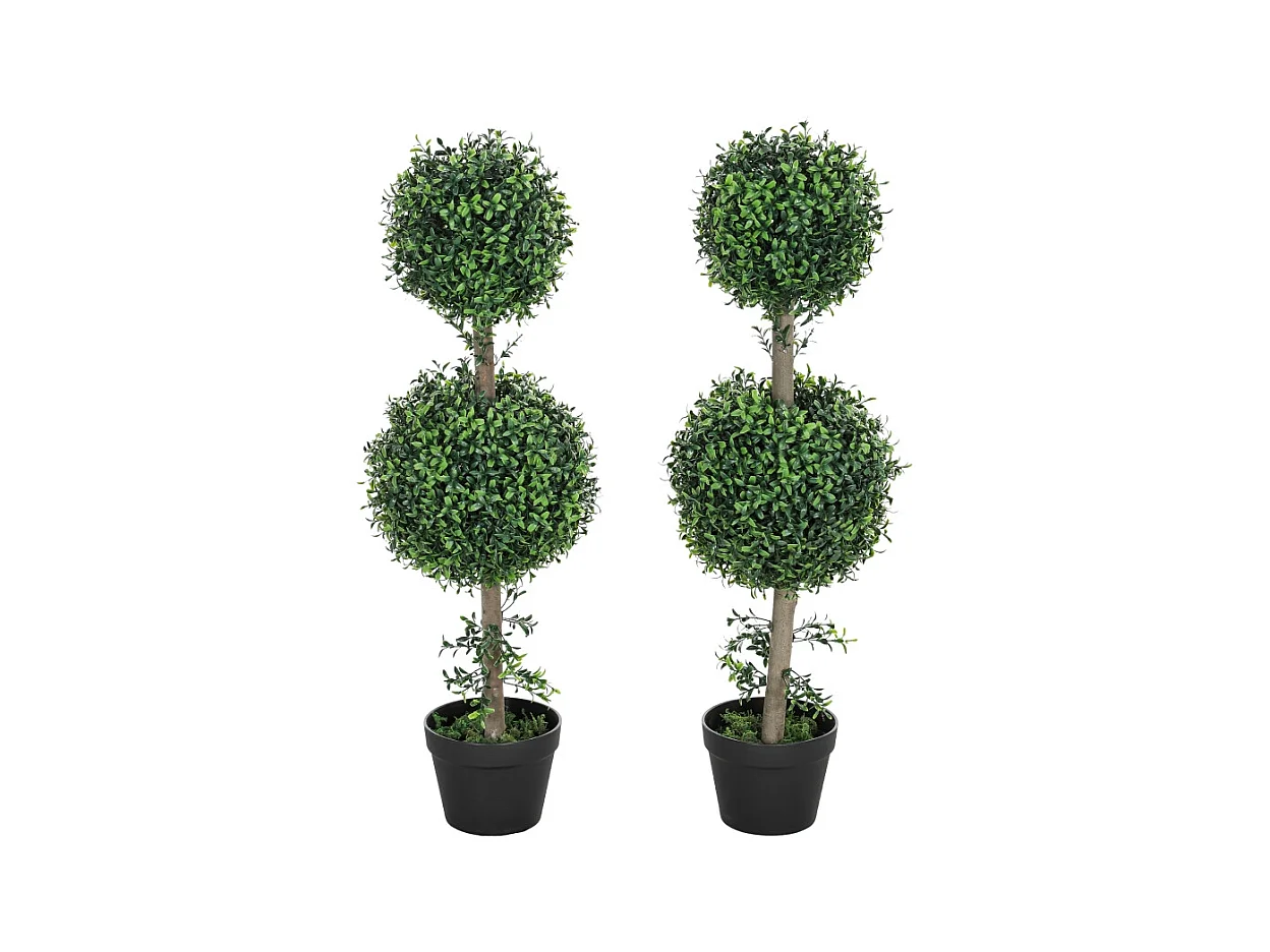 Lot de 2 buis artificiels grands, plastique, vert, pots inclus avec protection UV, réalistes et durables (18x18x91.6cm)