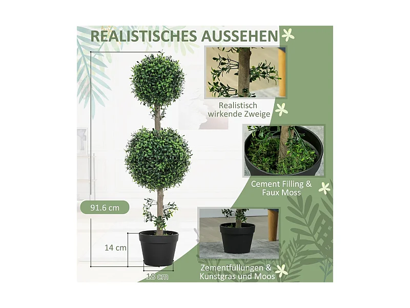 Lot de 2 buis artificiels grands, plastique, vert, pots inclus avec protection UV, réalistes et durables (18x18x91.6cm)