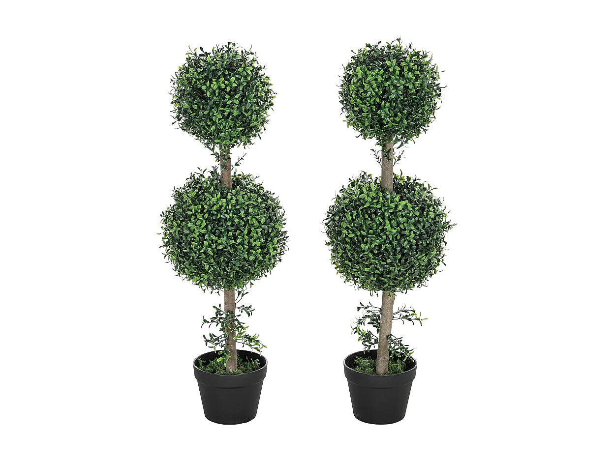 Lot de 2 buis artificiels grands, plastique, vert, pots inclus avec protection UV, réalistes et durables (18x18x91.6cm)