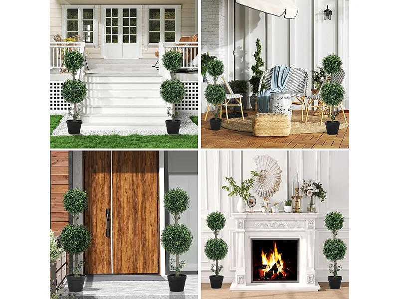 Lot de 2 buis artificiels grands, plastique, vert, pots inclus avec protection UV, réalistes et durables (18x18x91.6cm)