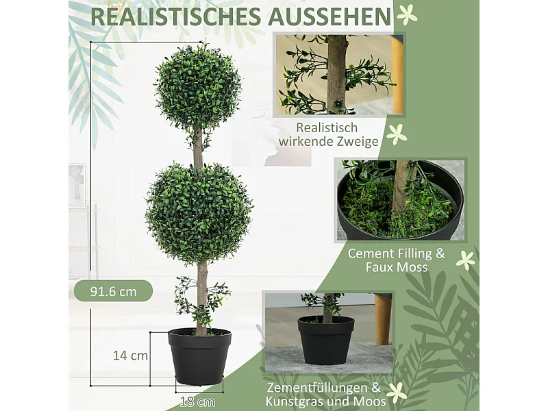 Lot de 2 buis artificiels grands, plastique, vert, pots inclus avec protection UV, réalistes et durables (18x18x91.6cm)