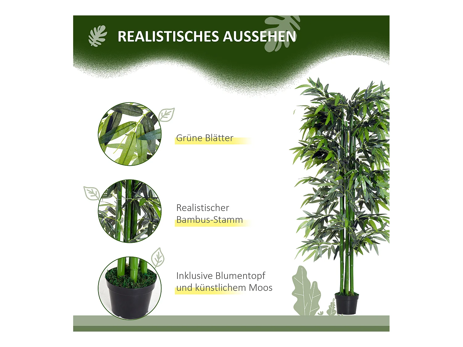 Plante artificielle bambou 180 cm, avec pot, réaliste, facile à entretenir, vert (18x18x180 cm)