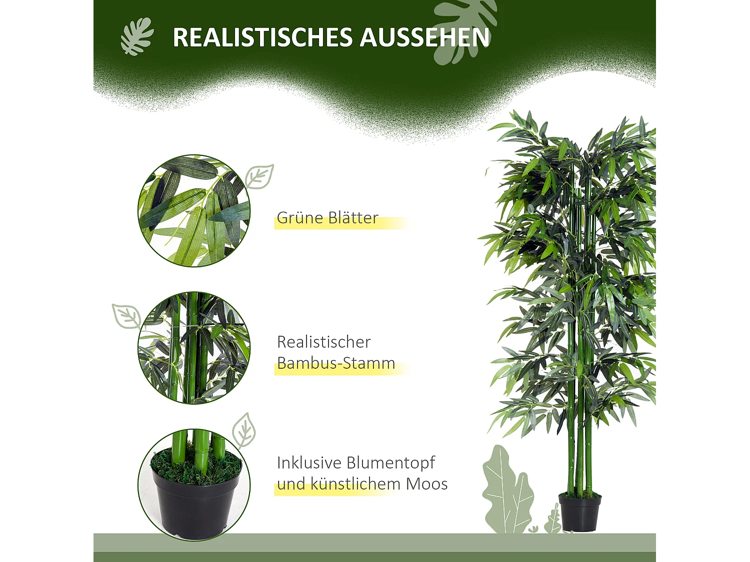 Plante artificielle bambou 180 cm, avec pot, réaliste, facile à entretenir, vert (18x18x180 cm)