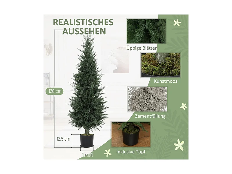 Cyprès artificiel grand, plastique UV résistant, vert, avec pot stable, décoration intérieure et extérieure (40x40x120cm)