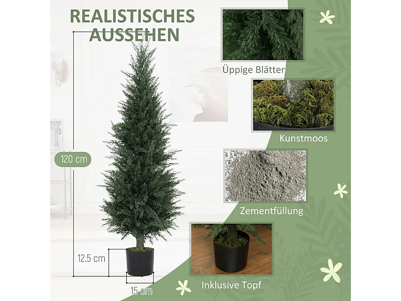 Cyprès artificiel grand, plastique UV résistant, vert, avec pot stable, décoration intérieure et extérieure (40x40x120cm)