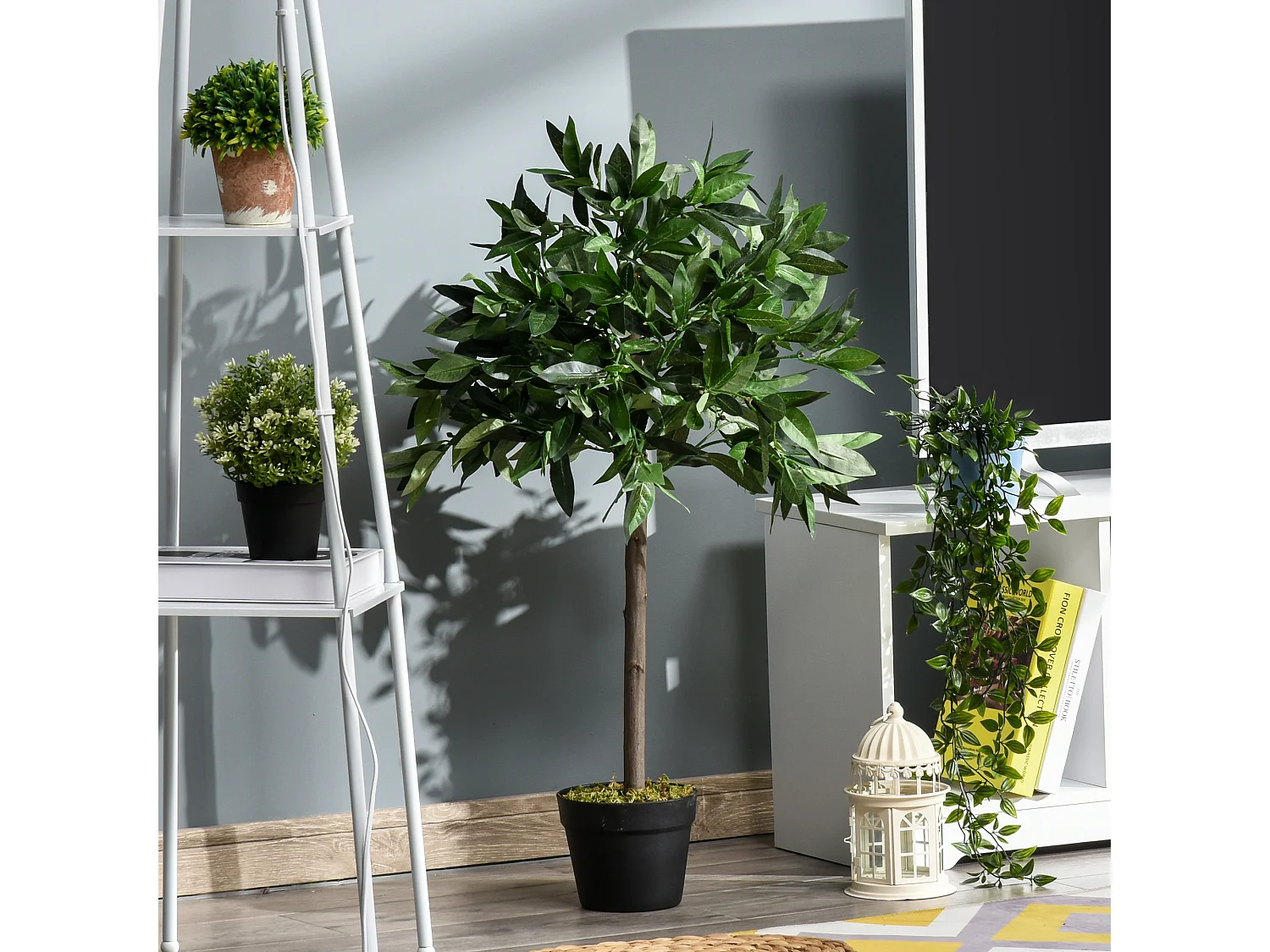 Lot de 2 Laurier artificiels, pot en ciment, vert, (16x16x90 cm)