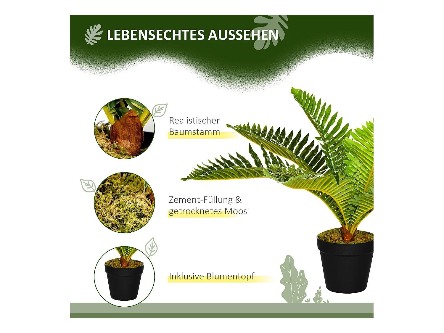 Planta artificial en maceta, Palmera, con maceta negra, verde (12,5x12,5x50 cm)