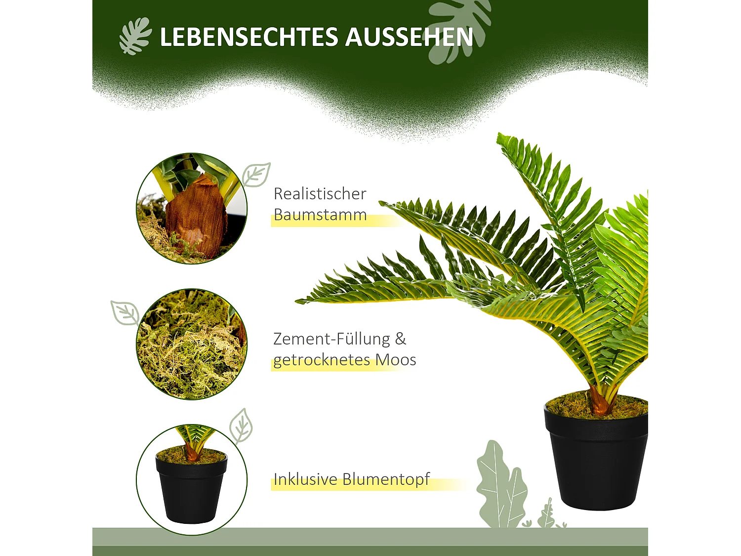 Planta artificial en maceta, Palmera, con maceta negra, verde (12,5x12,5x50 cm)