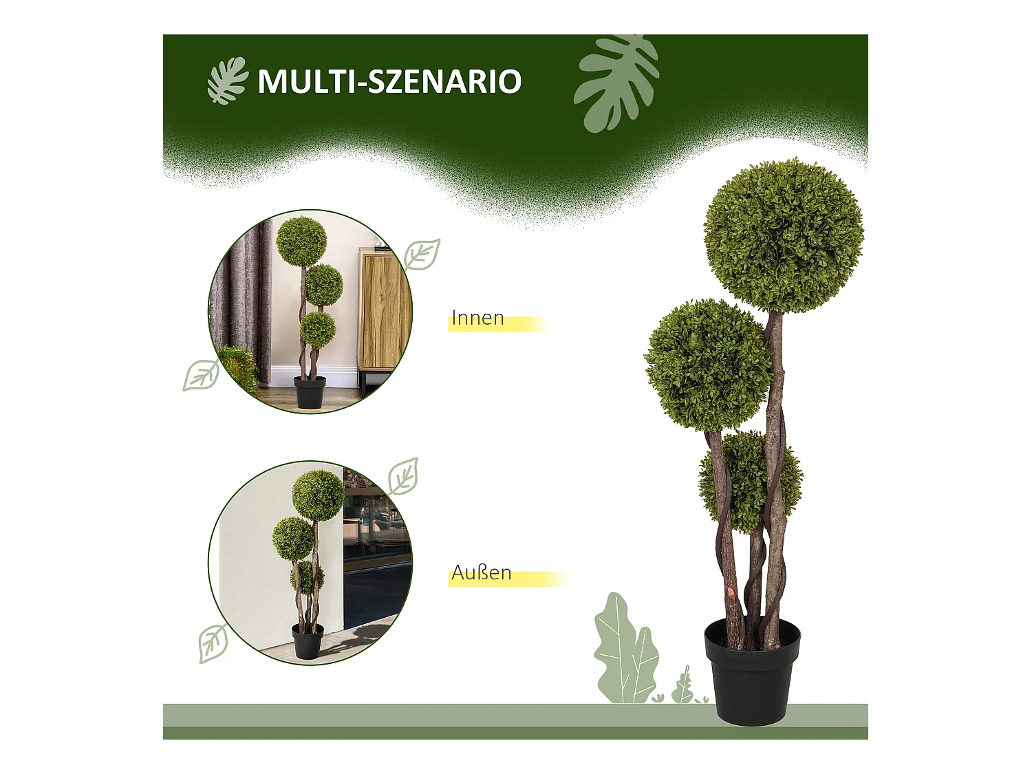 Buxus artificiel 115 cm, plante décorative en pot, plastique, vert (19.5x19.5x115 cm)