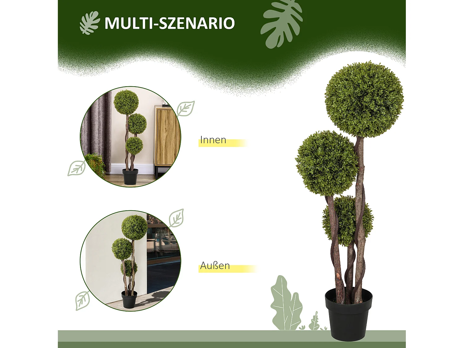 Buxus artificiel 115 cm, plante décorative en pot, plastique, vert (19.5x19.5x115 cm)