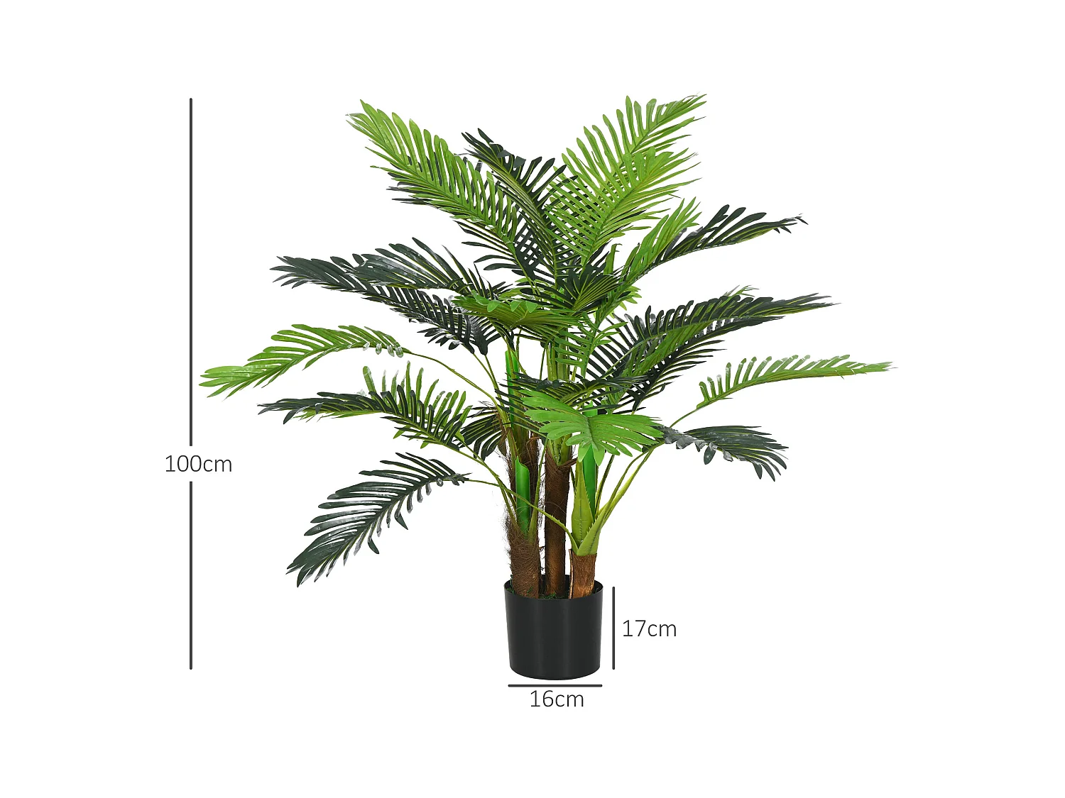 Plante artificielle palmier réaliste, plastique, vert, avec 27 branches, hauteur 100cm (16x16x100cm)