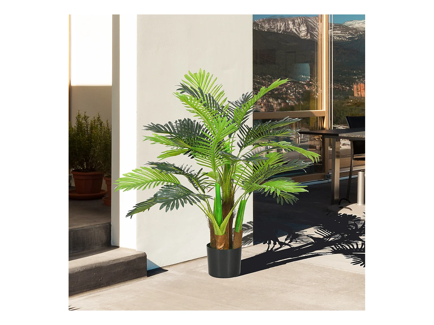 Plante artificielle palmier réaliste, plastique, vert, avec 27 branches, hauteur 100cm (16x16x100cm)