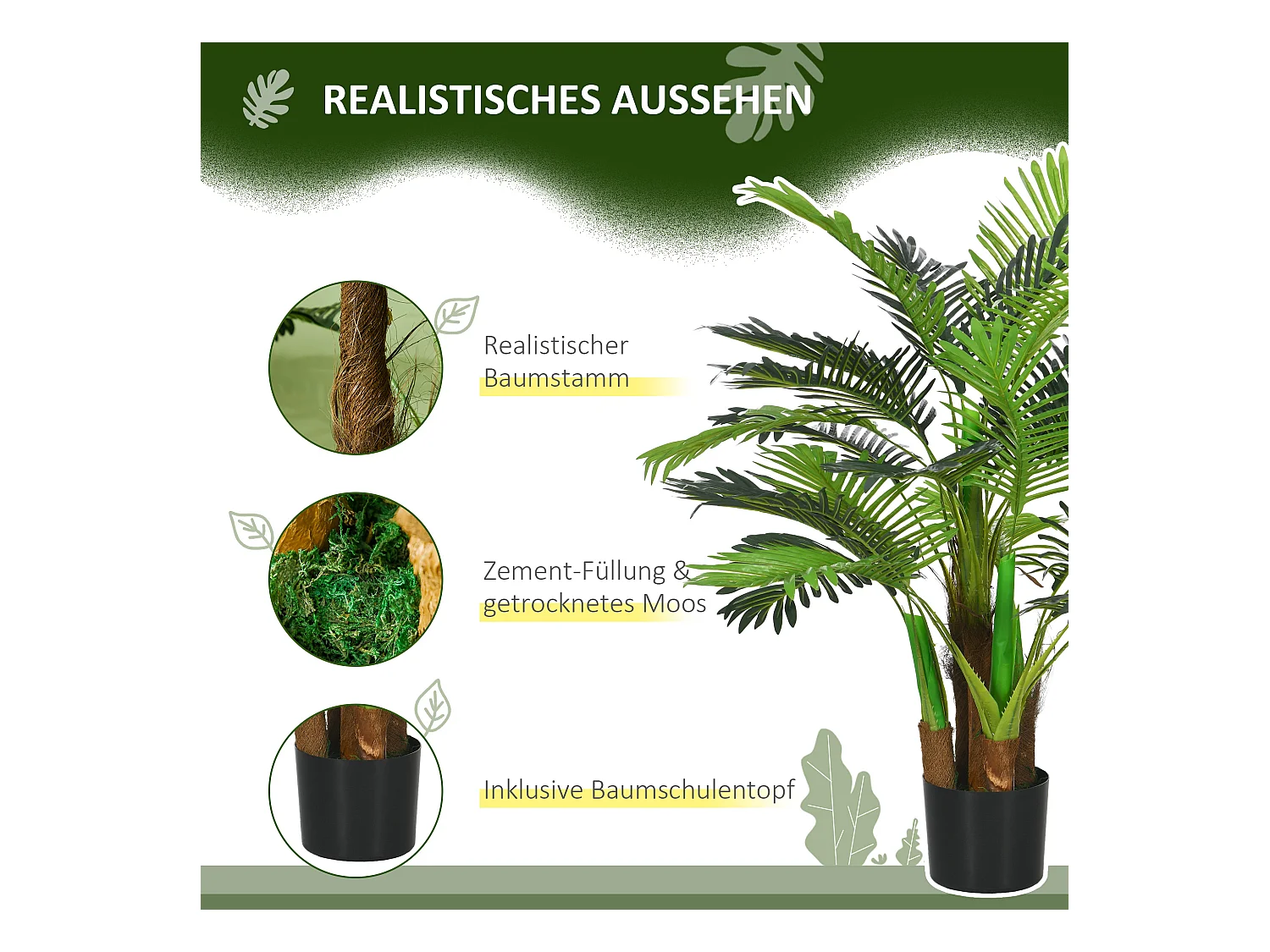Plante artificielle palmier réaliste, plastique, vert, avec 27 branches, hauteur 100cm (16x16x100cm)