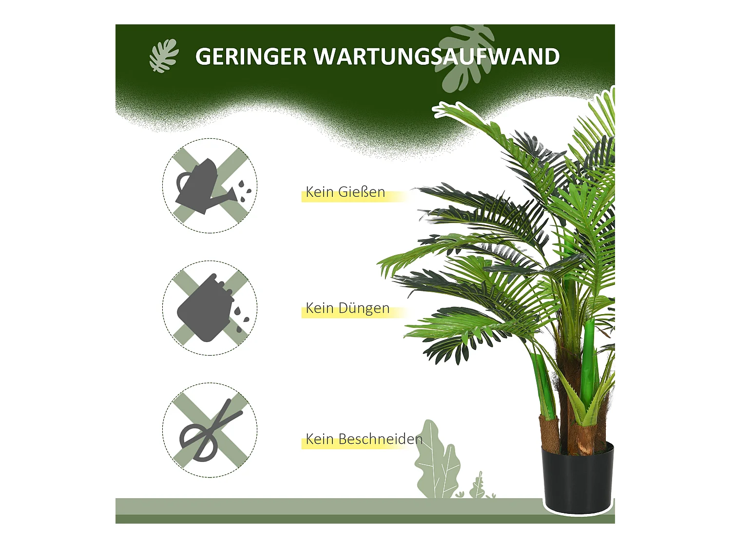 Plante artificielle palmier réaliste, plastique, vert, avec 27 branches, hauteur 100cm (16x16x100cm)