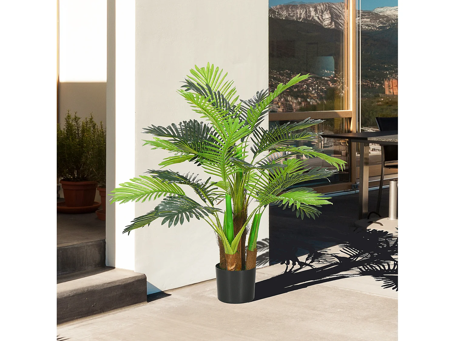 Plante artificielle palmier réaliste, plastique, vert, avec 27 branches, hauteur 100cm (16x16x100cm)