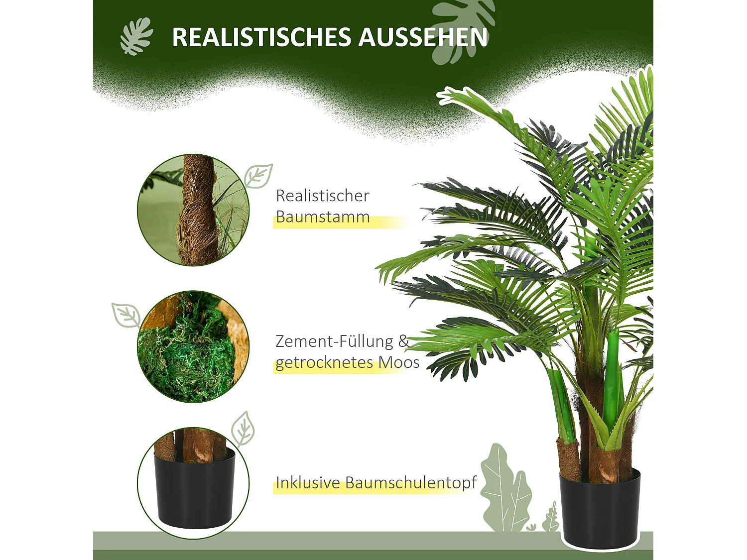 Plante artificielle palmier réaliste, plastique, vert, avec 27 branches, hauteur 100cm (16x16x100cm)