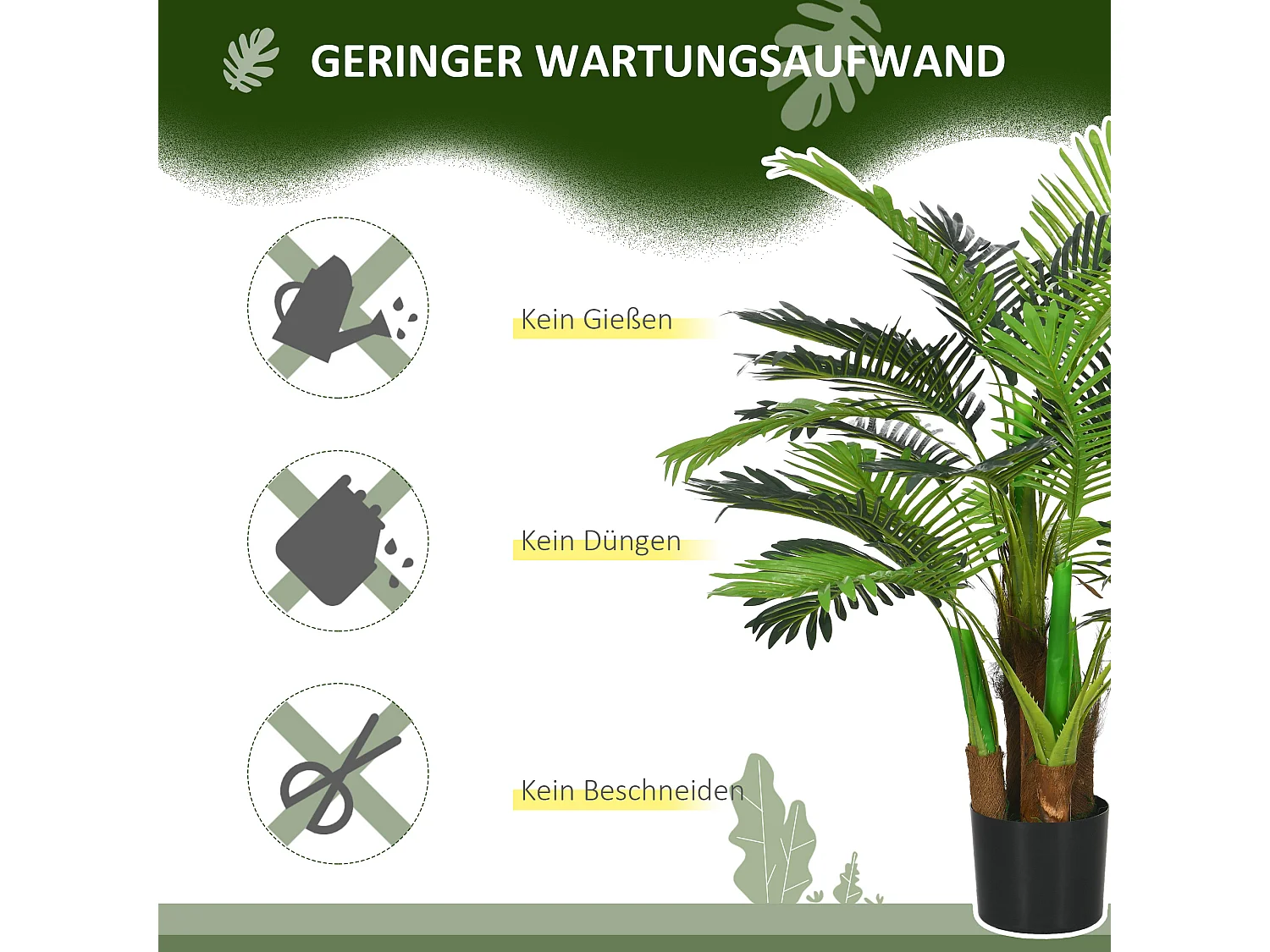 Plante artificielle palmier réaliste, plastique, vert, avec 27 branches, hauteur 100cm (16x16x100cm)