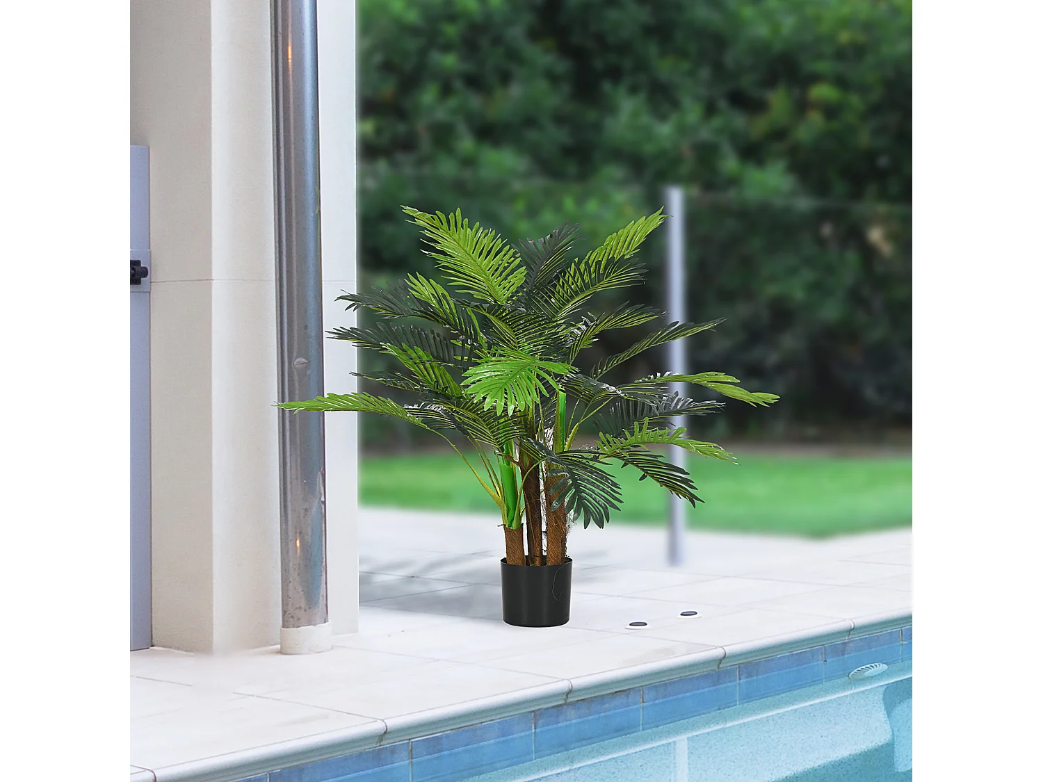 Plante artificielle palmier réaliste, plastique, vert, avec 27 branches, hauteur 100cm (16x16x100cm)