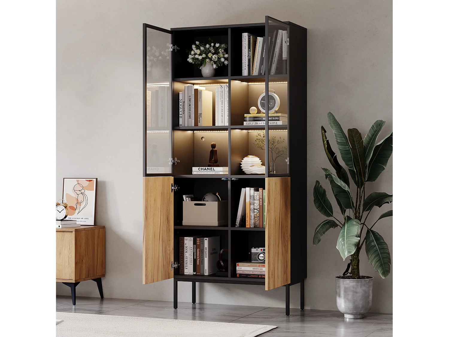 Vitrine avec portes en verre, 180 cm, avec LED, étagères réglables, MDF, noir et chêne (74x31x180 cm)