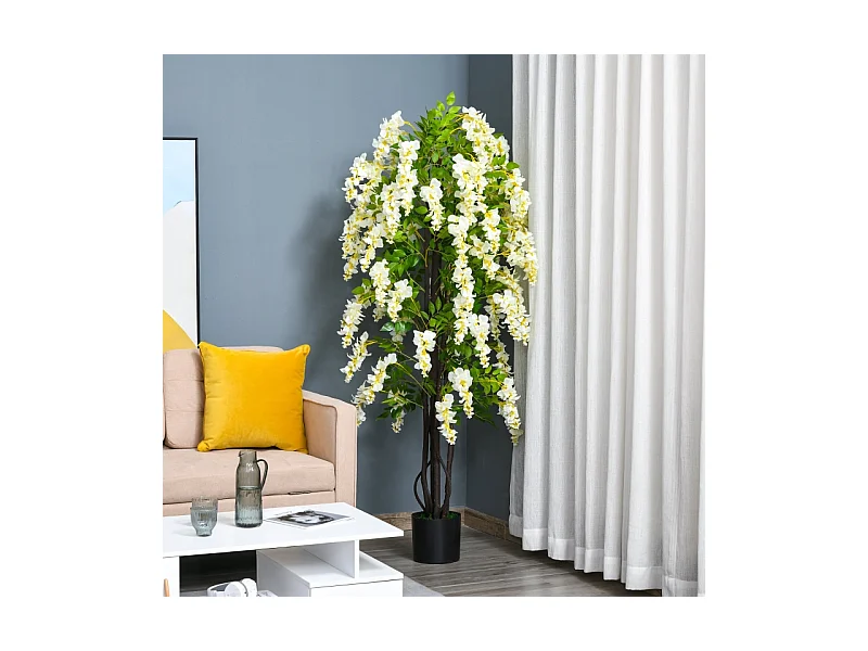 Plante artificielle Glycine blanche en pot, en plastique, pour intérieur et extérieur (24x24x165 cm)