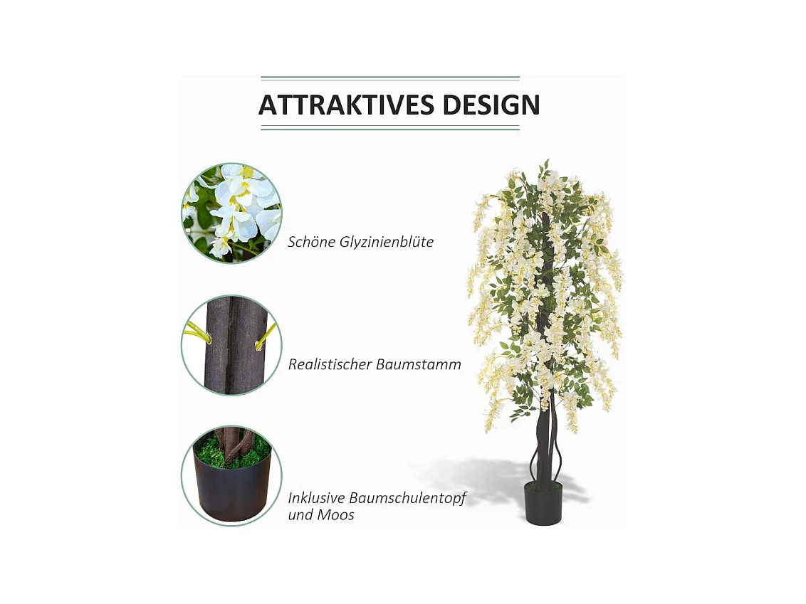 Plante artificielle Glycine blanche en pot, en plastique, pour intérieur et extérieur (24x24x165 cm)