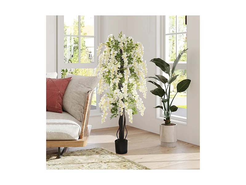 Plante artificielle Glycine blanche en pot, en plastique, pour intérieur et extérieur (24x24x165 cm)