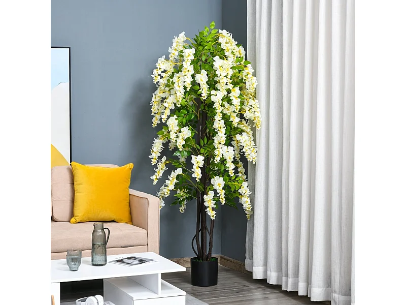 Plante artificielle Glycine blanche en pot, en plastique, pour intérieur et extérieur (24x24x165 cm)