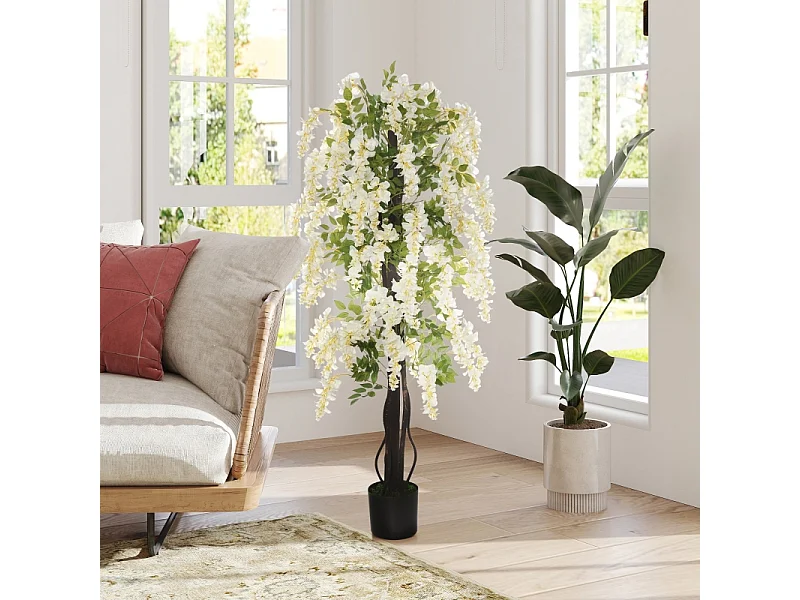 Plante artificielle Glycine blanche en pot, en plastique, pour intérieur et extérieur (24x24x165 cm)