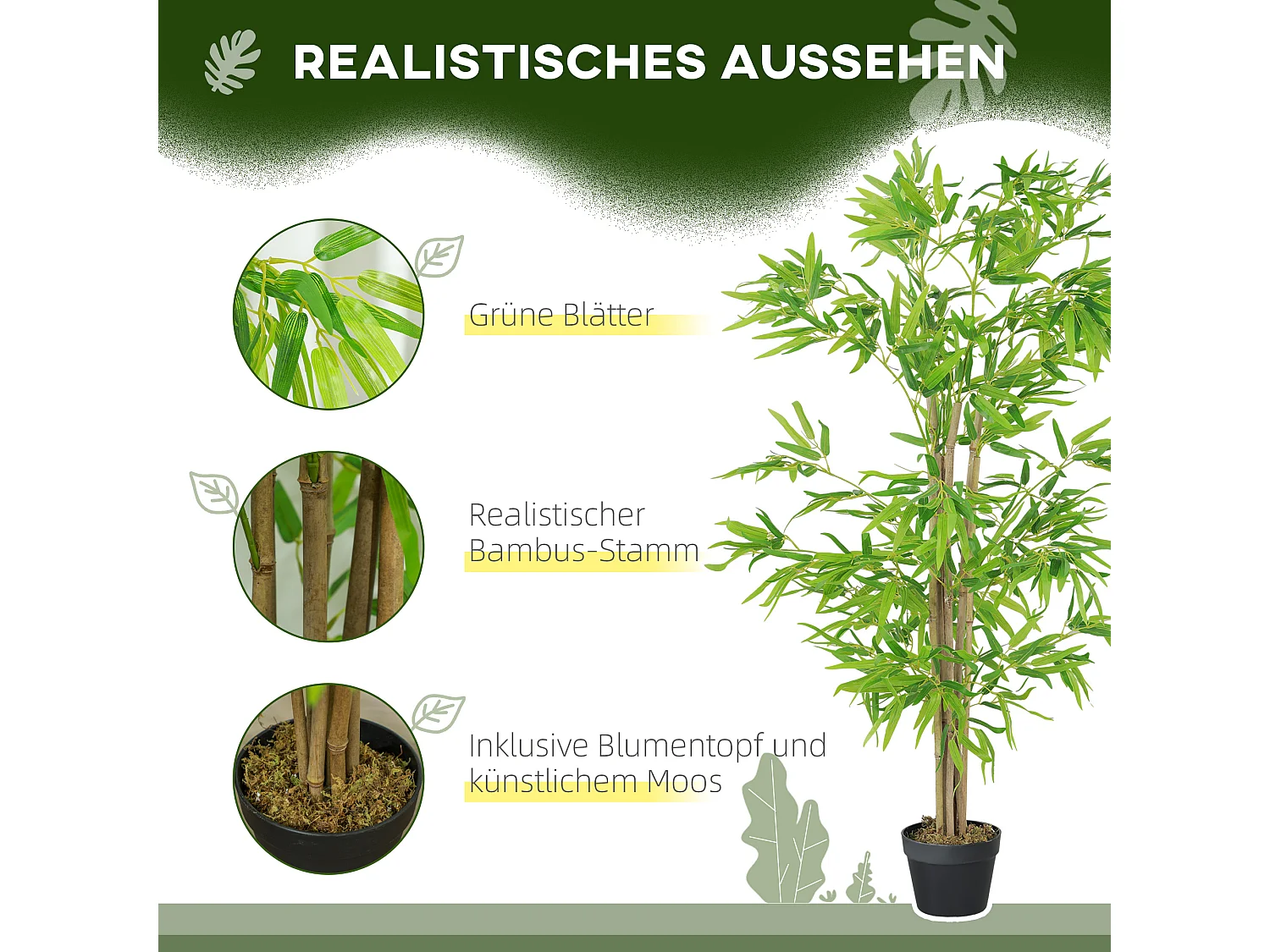 Plante artificielle Bambou, 150 cm, avec mousse artificielle, plastique, verte (17x17x150 cm)