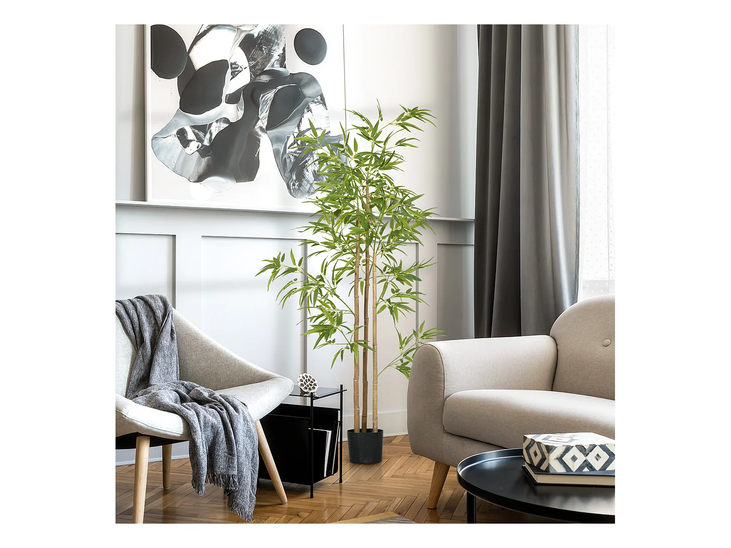 Plante artificielle bambou, feuilles denses, plastique, vert (15x15x180cm)