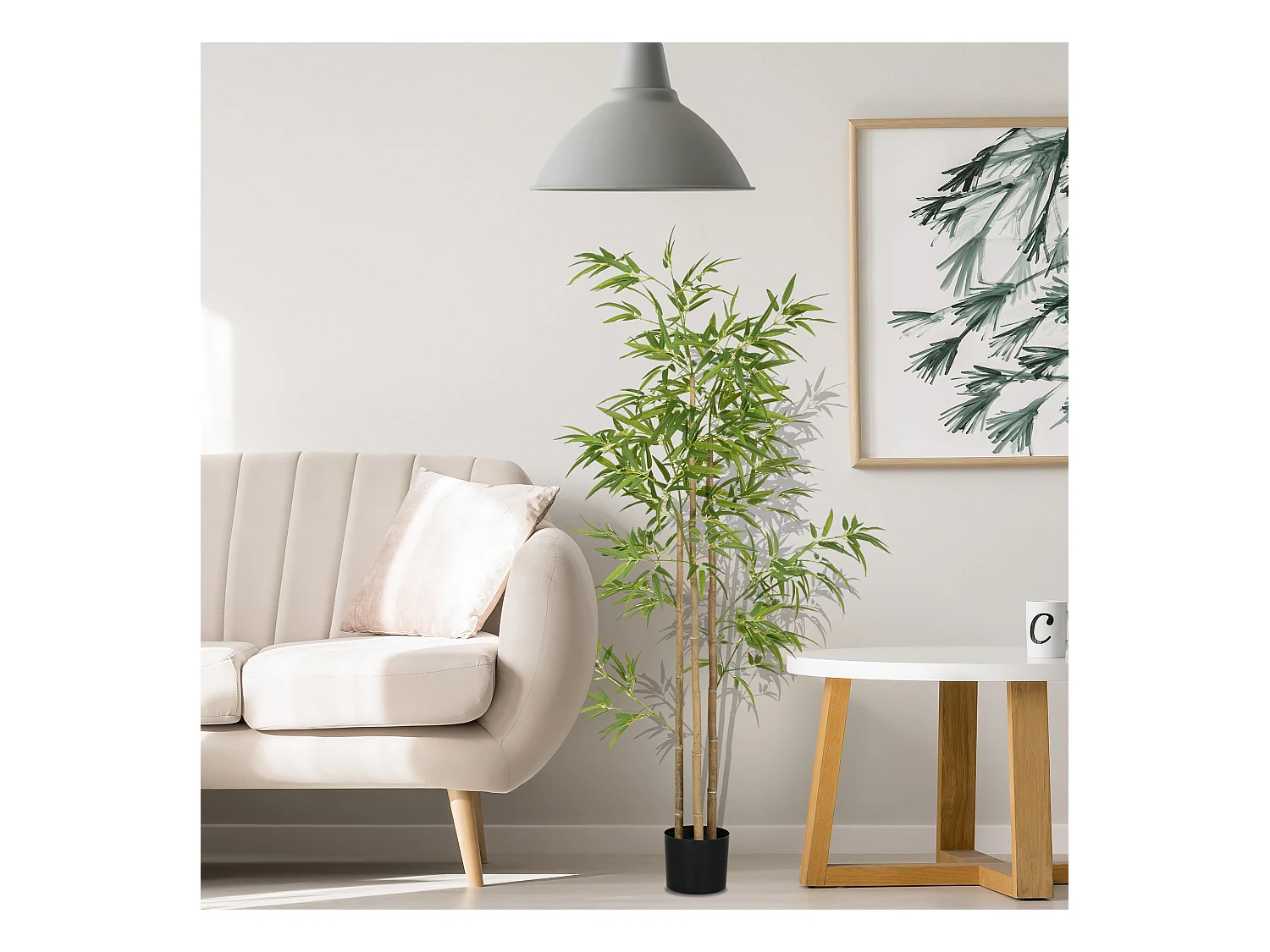 Plante artificielle bambou, feuilles denses, plastique, vert (15x15x180cm)