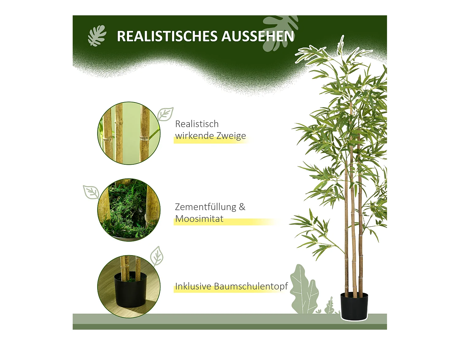 Plante artificielle bambou, feuilles denses, plastique, vert (15x15x180cm)