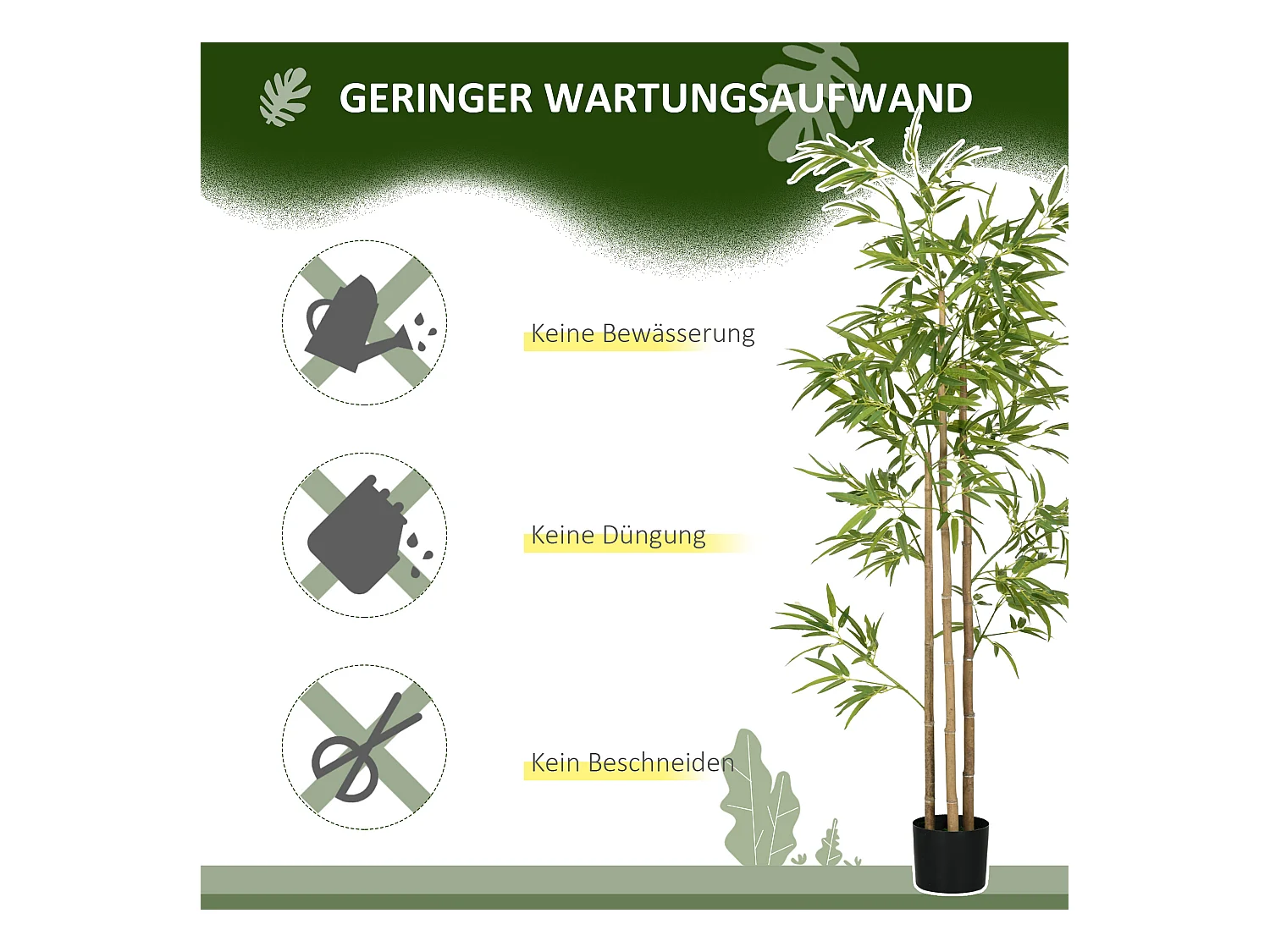 Plante artificielle bambou, feuilles denses, plastique, vert (15x15x180cm)