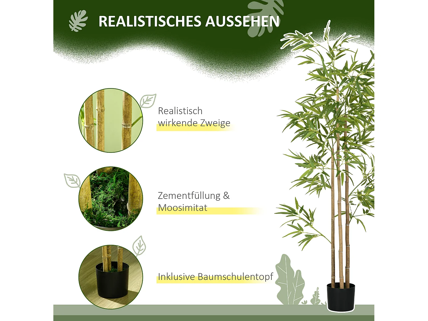 Plante artificielle bambou, feuilles denses, plastique, vert (15x15x180cm)