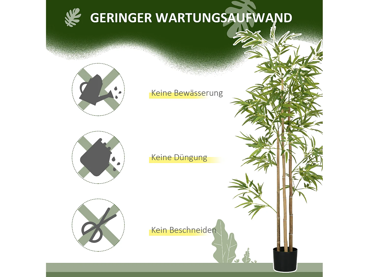 Plante artificielle bambou, feuilles denses, plastique, vert (15x15x180cm)