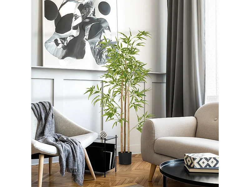 Plante artificielle bambou, feuilles denses, plastique, vert (15x15x180cm)