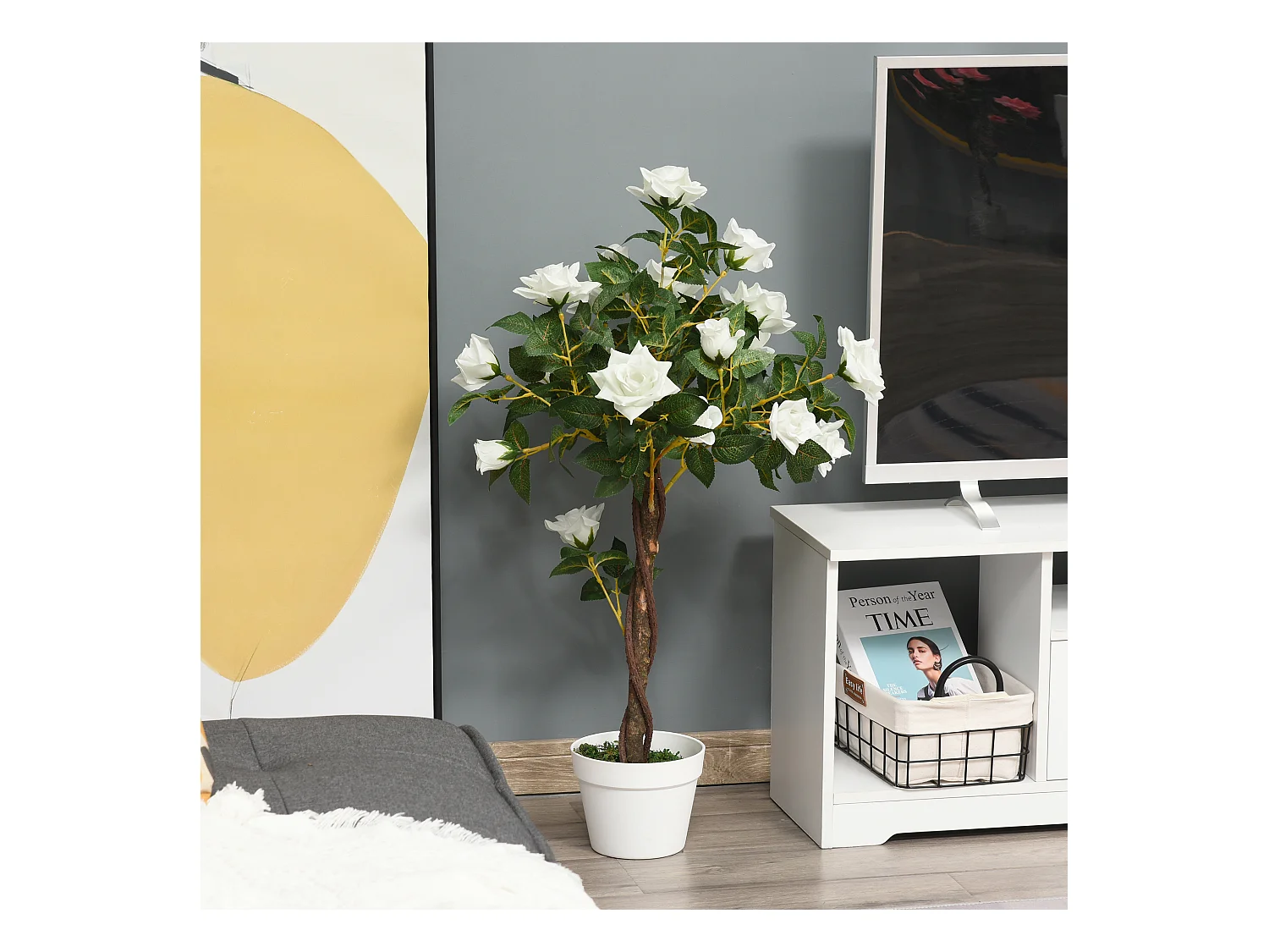 Plantes artificielles Roses, plastique, vert, avec pot en ciment (18x18x90 cm)