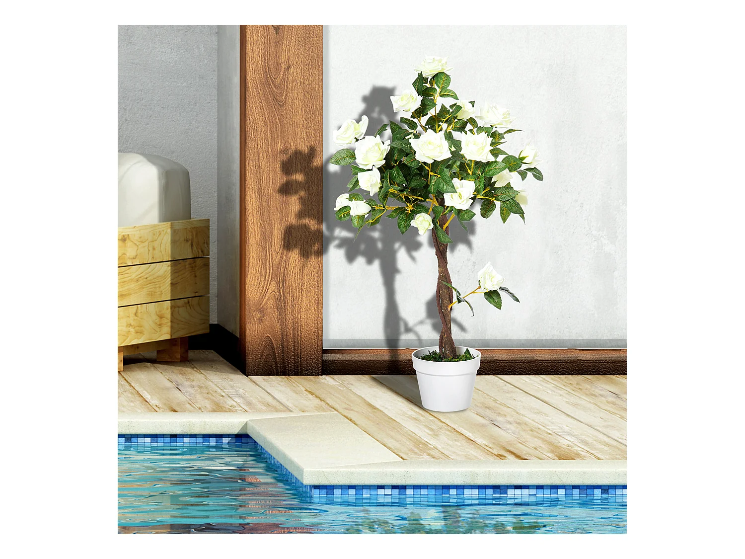 Plantes artificielles Roses, plastique, vert, avec pot en ciment (18x18x90 cm)