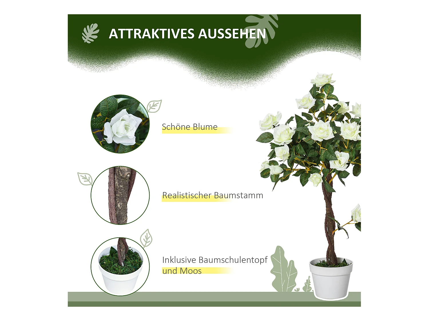 Plantes artificielles Roses, plastique, vert, avec pot en ciment (18x18x90 cm)